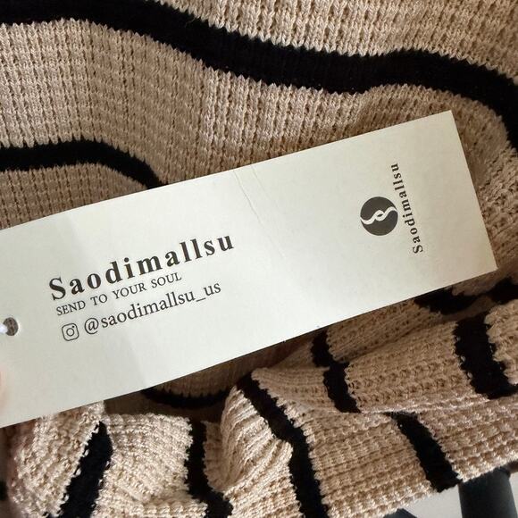 Saodimallsu Striped Knit Polo Maxi Sweater Dress Beige Blk Clean Girl XL Preppy - Picture 2 of 8
